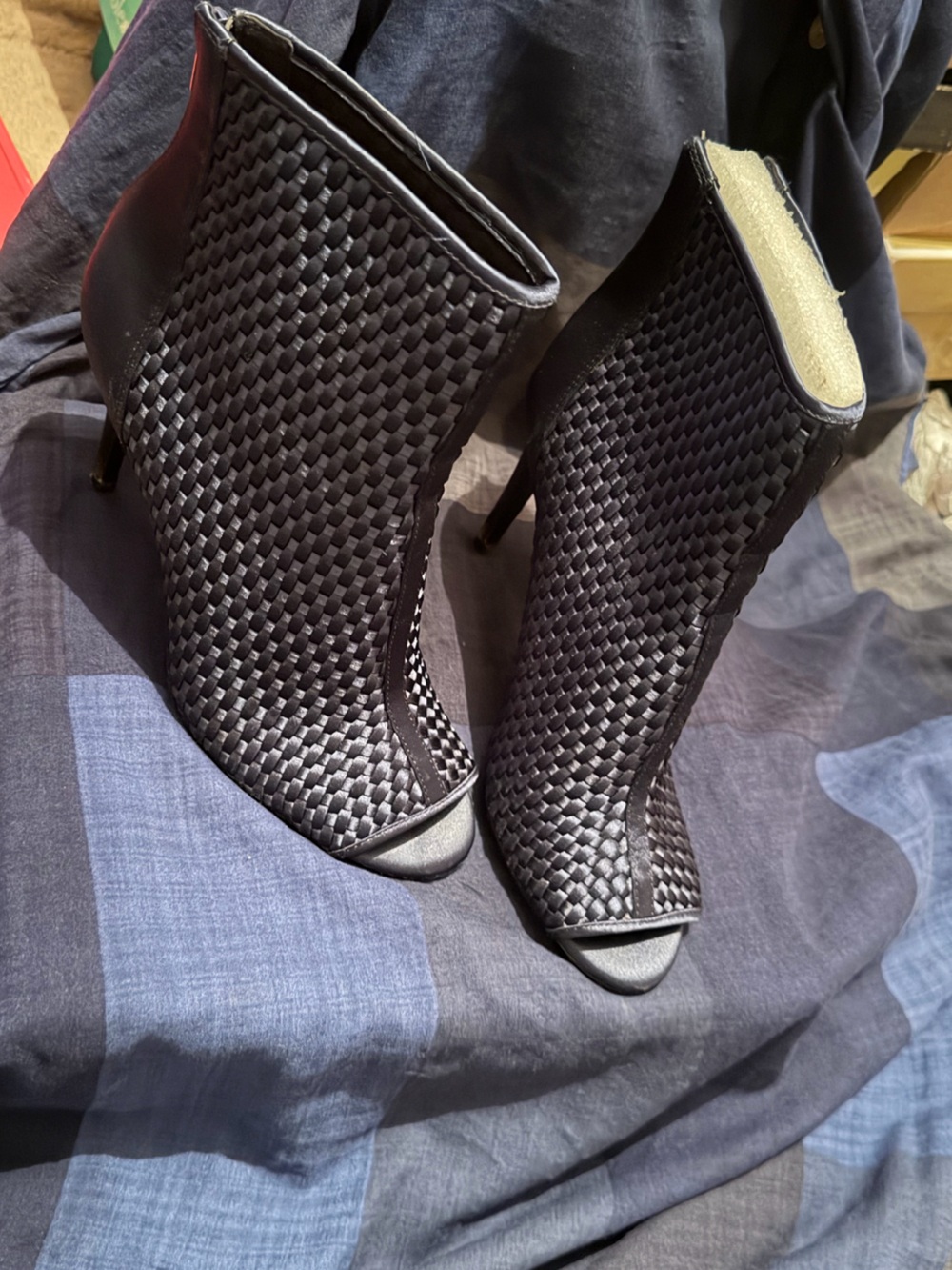 Woven Peep-Toe Stiletto Booties - Black